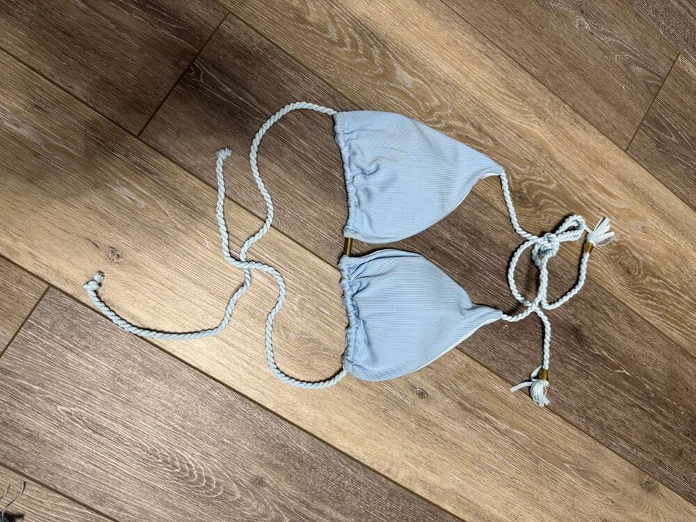 Light Blue Ribbed Triangle Bikini Top Rope Tassel Ties L
